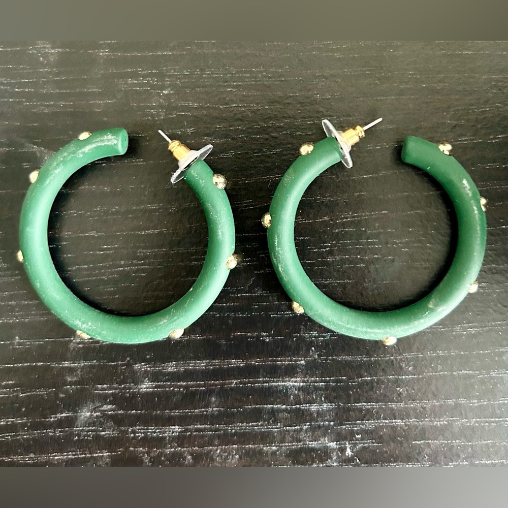 Green Hoop Earrings with Gold Accents